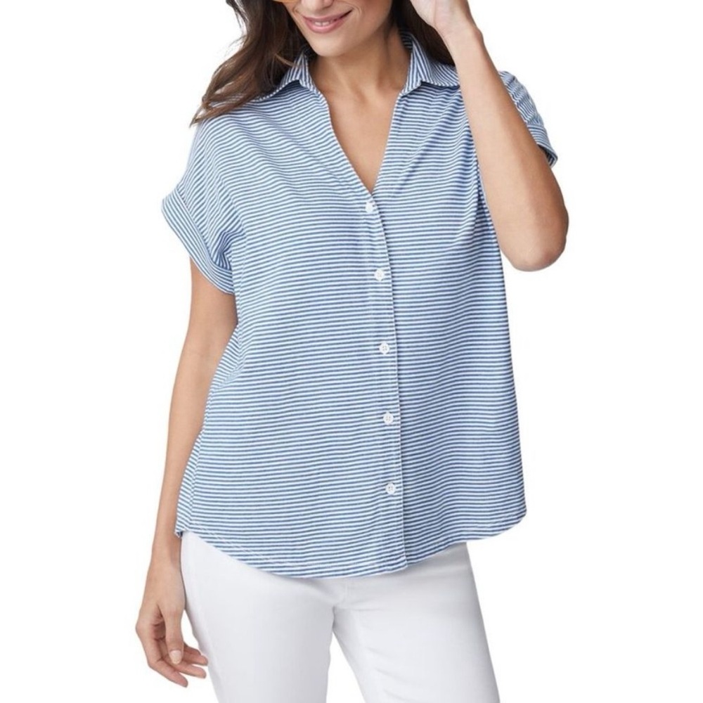 J.McLaughlin Doone Collared Short Sleeve Button Up Stripe Blouse Top Blue White